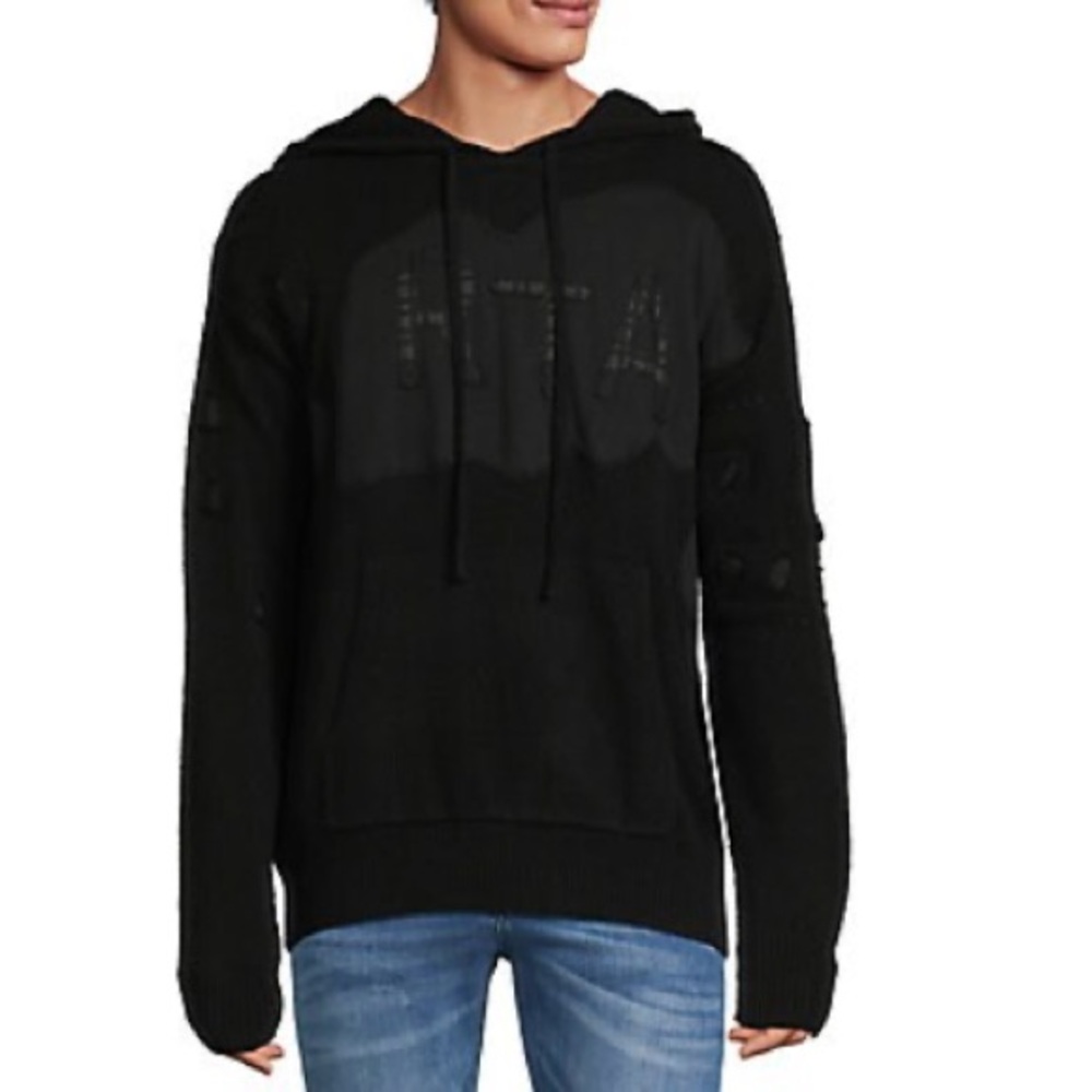Rta Denim Logo Distressed Cashmere Hoodie SZ Large